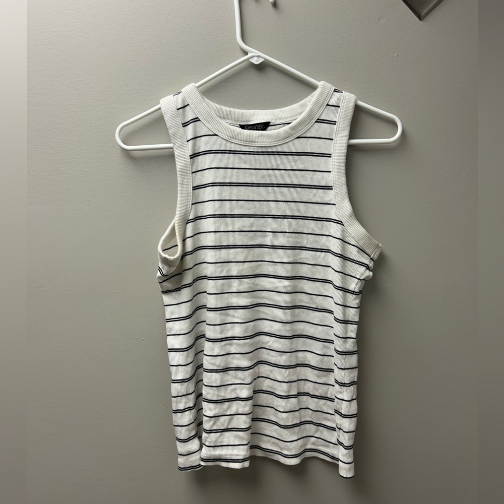 George White & Black Striped Ribbed Tank‎ Top